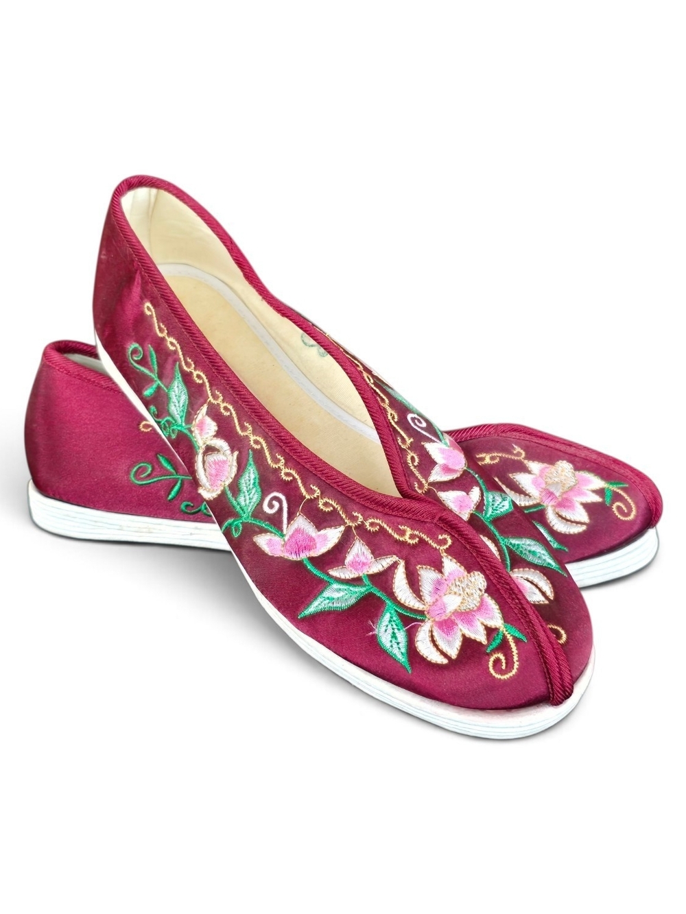 Embroidered Chinese Maroon Pink Floral Lotus Flower Slip-On Flats